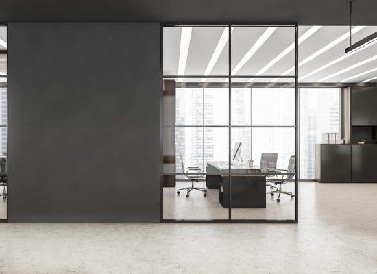 Black framed glass wall partitions with accent grey details, LED linear lights, concrete floor and workplace. A concept of modern office building. 3d rendering