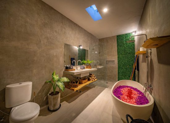 Luxury bathroom with polished concrete on the walls and PVC on the floor. Modern bathroom with cement polish walls.